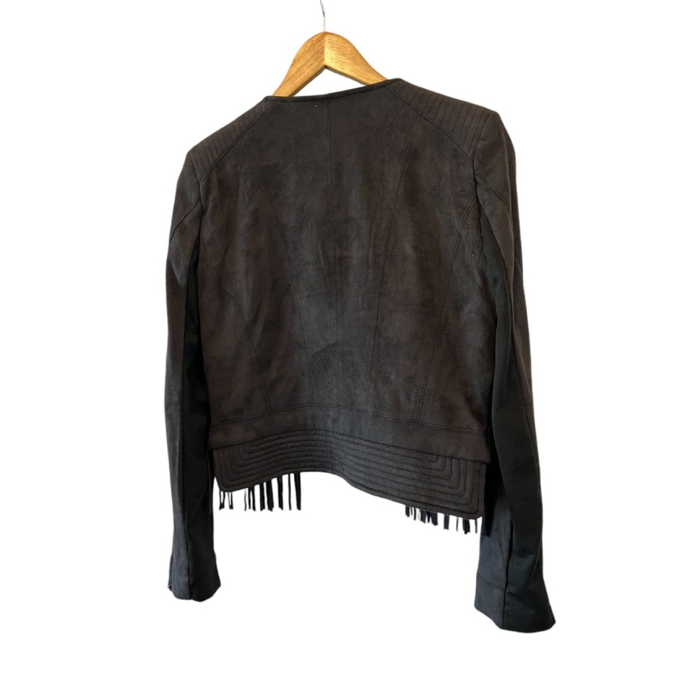 FATE Revolve Black Fringe Trim Faux Suede Asymmetrical Zip Lightweight Jacket S - Picture 5 of 10